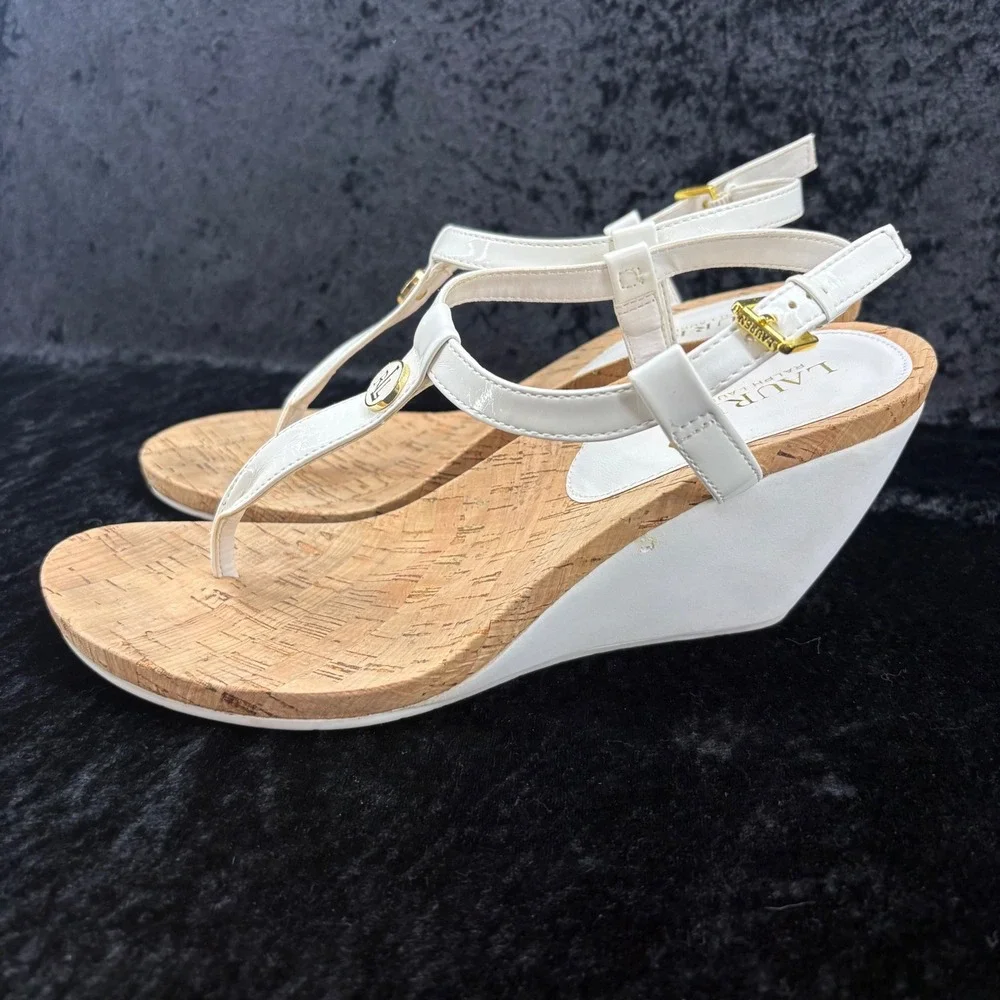 Lauren Ralph Lauren White Cork Wedge T-Strap Sandals Est Women's Size 9-see desc